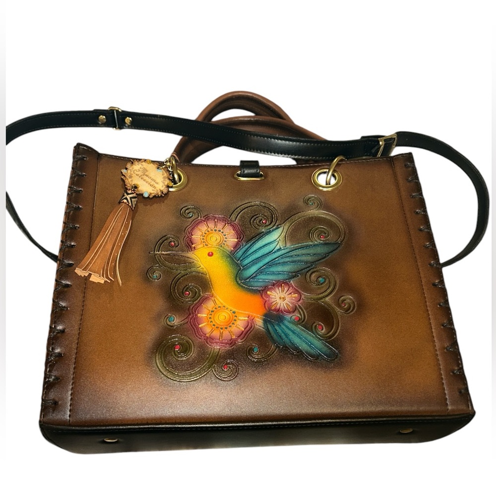 Mexican Brown and Yellow Shoulder Bag with Hummingbird design